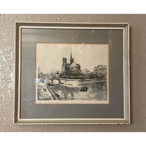 Vintage Franz Herbelot Notre Dame Paris Pencil Signed Watercolor Print Framed
